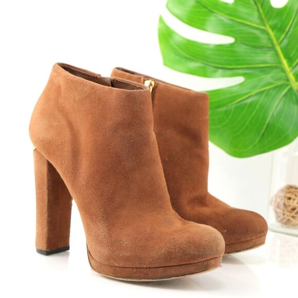 Michael Kors Womens Haven Boot Size 8 Camel Tan Suede Block Heel Platform Bootie - Picture 1 of 12